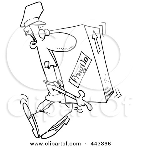 Royalty-Free (RF) Clip Art Illustration of a Cartoon Black And White Outline Design Of A Delivery Man Carrying A Heavy Box by toonaday