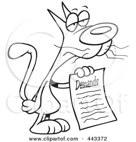 Royalty-Free (RF) Clip Art Illustration of a Cartoon Black And White Outline Design Of A Cat With A List Of Demands by toonaday