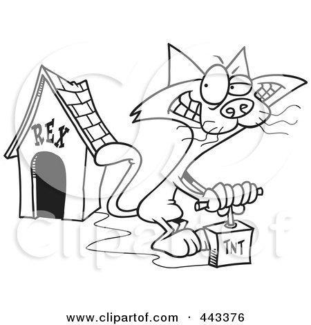 Royalty-Free (RF) Clip Art Illustration of a Cartoon Black And White Outline Design Of A Cat Blowing Up A Dog House by toonaday