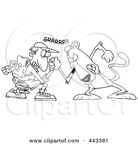 Royalty-Free (RF) Clip Art Illustration of a Cartoon Black And White Outline Design Of A Man Wrestling With A Cougar by toonaday