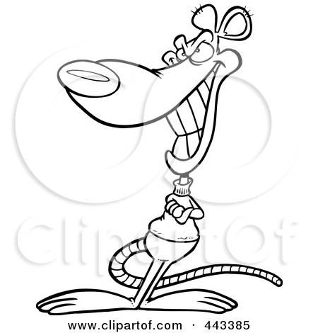 Royalty-Free (RF) Clip Art Illustration of a Cartoon Black And White Outline Design Of A Grinning Rat by toonaday