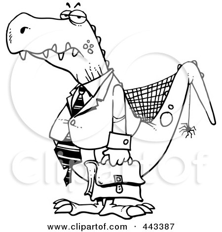 Royalty-Free (RF) Clip Art Illustration of a Cartoon Black And White Outline Design Of An Old Business Dinosaur by toonaday