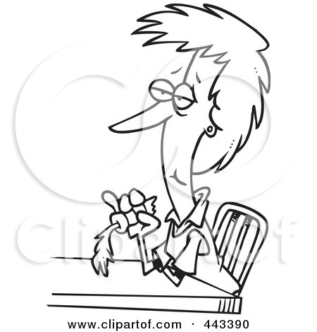Royalty-Free (RF) Clip Art Illustration of a Cartoon Black And White Outline Design Of A Dieting Woman Eating A Carrot by toonaday