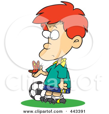 Royalty-Free (RF) Clip Art Illustration of a Cartoon Distracted Soccer Boy Admiring A Butterfly by toonaday