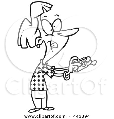 Royalty-Free (RF) Clip Art Illustration of a Cartoon Black And White Outline Design Of A Woman Using A Digital Camera by toonaday