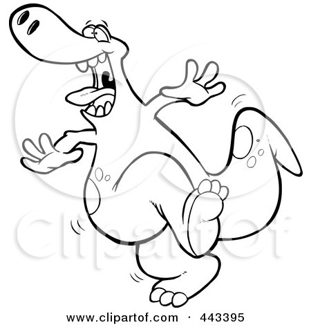 Royalty-Free (RF) Clip Art Illustration of a Cartoon Black And White Outline Design Of A Dancing Dinosaur by toonaday