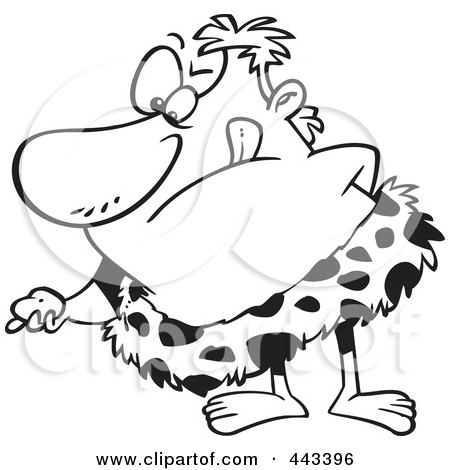 Royalty-Free (RF) Clip Art Illustration of a Cartoon Black And White Outline Design Of A Caveman Discovering A Rock by toonaday