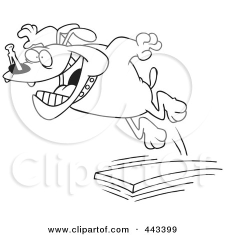 Royalty-Free (RF) Clip Art Illustration of a Cartoon Black And White Outline Design Of A Bulldog Jumping Off Of A Diving Board by toonaday