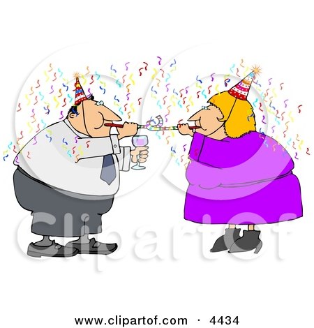 Happy New Year Business Couple Partying with Wine, Streamers, and Blowers Clipart by djart