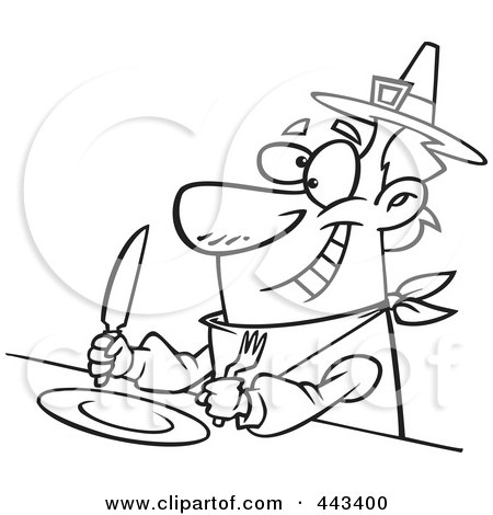 Royalty-Free (RF) Clip Art Illustration of a Cartoon Black And White Outline Design Of A Hungry Pilgrim Awaiting His Dinner by toonaday