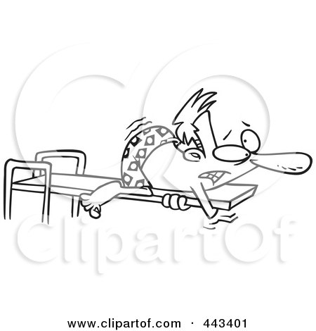 Royalty-Free (RF) Clip Art Illustration of a Cartoon Black And White Outline Design Of A Man Hugging A Diving Board by toonaday