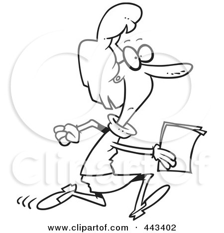 Royalty-Free (RF) Clip Art Illustration of a Cartoon Black And White Outline Design Of A Businesswoman Running With Documents by toonaday
