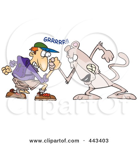 Royalty-Free (RF) Clip Art Illustration of a Cartoon Man Wrestling With A Cougar by toonaday
