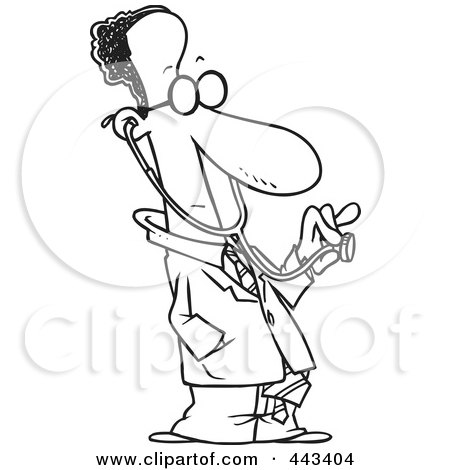 Royalty-Free (RF) Clip Art Illustration of a Cartoon Black And White Outline Design Of A Black Male Doctor Holding Out A Stethoscope by toonaday