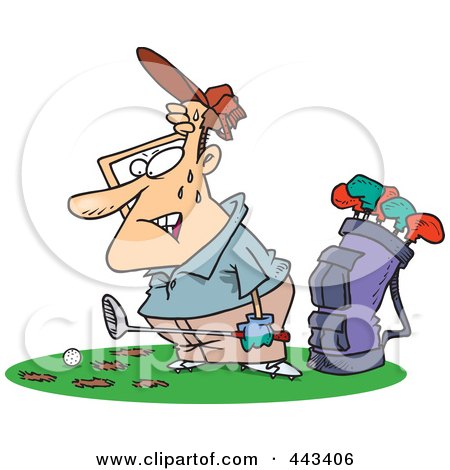 Royalty-Free (RF) Clip Art Illustration of a Cartoon Sweaty Golfer With Holes In The Grass by toonaday