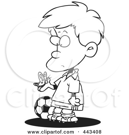 Royalty-Free (RF) Clip Art Illustration of a Cartoon Black And White Outline Design Of A Distracted Soccer Boy Admiring A Butterfly by toonaday
