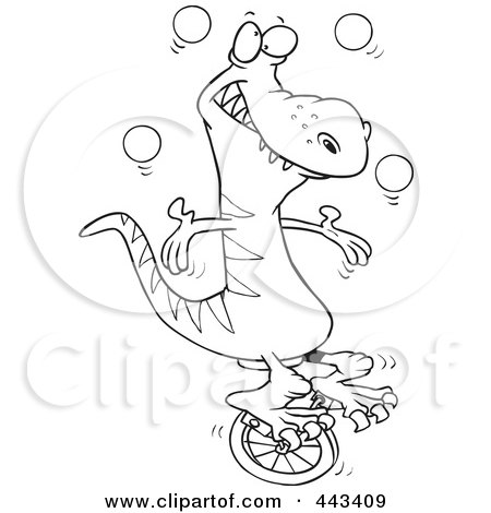 Royalty-Free (RF) Clip Art Illustration of a Cartoon Black And White Outline Design Of A Dinosaur Juggling On A Unicycle by toonaday