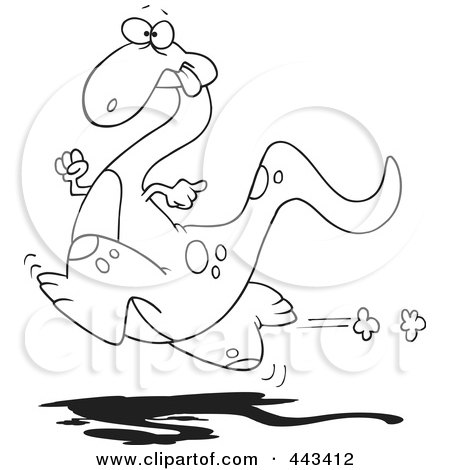 Royalty-Free (RF) Clip Art Illustration of a Cartoon Black And White Outline Design Of A Running Dinosaur by toonaday