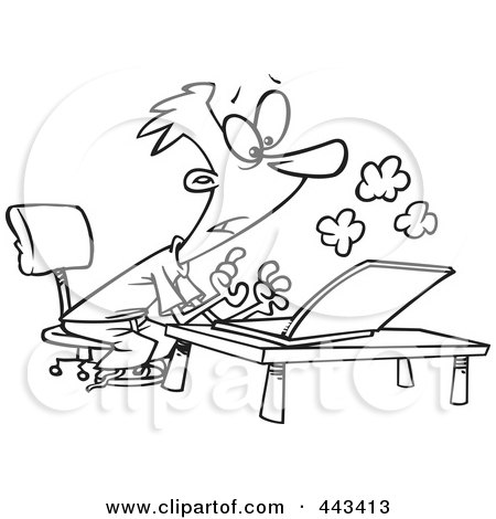 Royalty-Free (RF) Clip Art Illustration of a Cartoon Black And White Outline Design Of A Young Man Using A Smoking Laptop by toonaday