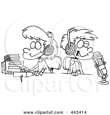 Royalty-Free (RF) Clip Art Illustration of a Cartoon Black And White Outline Design Of Two Kid DJs by toonaday