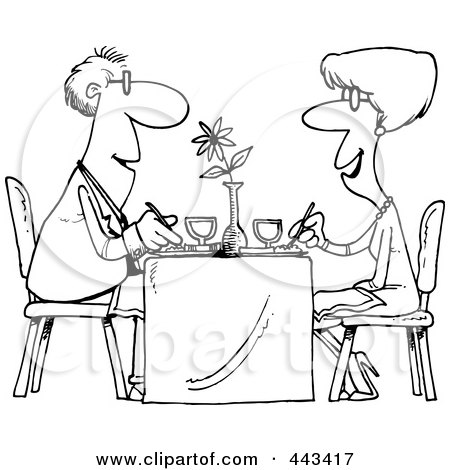 Royalty-Free (RF) Clip Art Illustration of a Cartoon Black And White Outline Design Of A Couple Dining At A Restaurant by toonaday