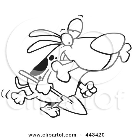 Royalty-Free (RF) Clip Art Illustration of a Cartoon Black And White Outline Design Of A Dog Carrying A Shovel by toonaday