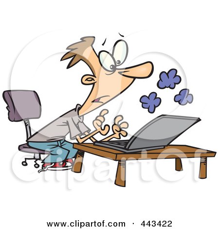 Royalty-Free (RF) Clip Art Illustration of a Cartoon Young Man Using A Smoking Laptop by toonaday