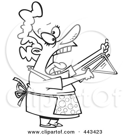 Royalty-Free (RF) Clip Art Illustration of a Cartoon Black And White Outline Design Of A Woman Shouting And Ringing A Dinner Bell by toonaday