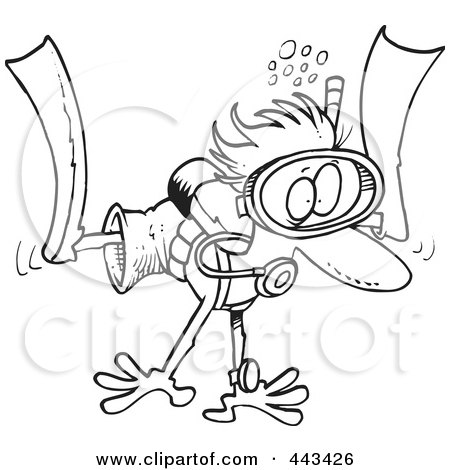 Royalty-Free (RF) Clip Art Illustration of a Cartoon Black And White Outline Design Of A Scared Diver by toonaday