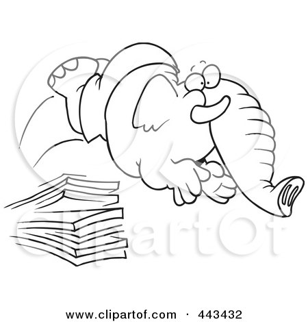 Royalty-Free (RF) Clip Art Illustration of a Cartoon Black And White Outline Design Of An Elephant Jumping Off A Diving Board by toonaday