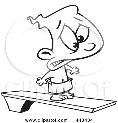 Royalty-Free (RF) Clip Art Illustration of a Cartoon Black And White Outline Design Of A Scared Boy On A Diving Board by toonaday