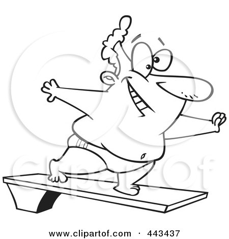 Royalty-Free (RF) Clip Art Illustration of a Cartoon Black And White Outline Design Of A Chubby Man On A Diving Board by toonaday