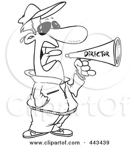Royalty-Free (RF) Clip Art Illustration of a Cartoon Black And White Outline Design Of A Movie Director Using A Bullhorn by toonaday