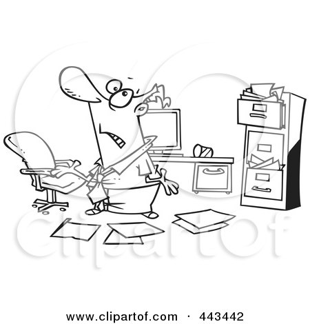 Royalty-Free (RF) Clip Art Illustration of a Cartoon Black And White Outline Design Of A Disorganized Businessman In A Messy Office by toonaday