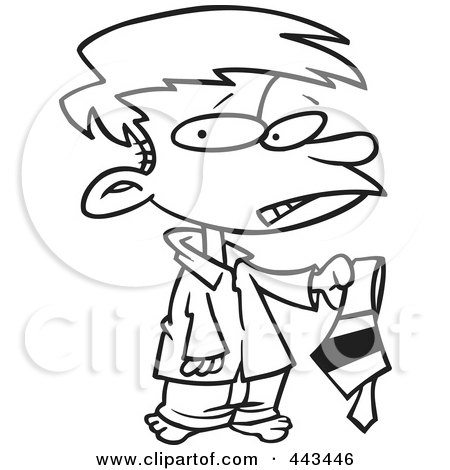 Royalty-Free (RF) Clip Art Illustration of a Cartoon Black And White Outline Design Of A Disappointed Boy Holding A Tie by toonaday