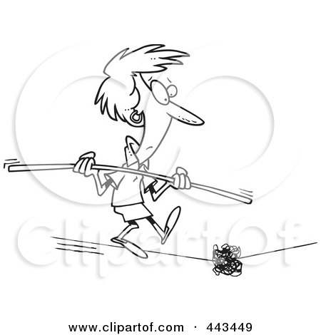 Royalty-Free (RF) Clip Art Illustration of a Cartoon Black And White Outline Design Of A Woman Coming Across A Dilemma On A Tight Rope by toonaday