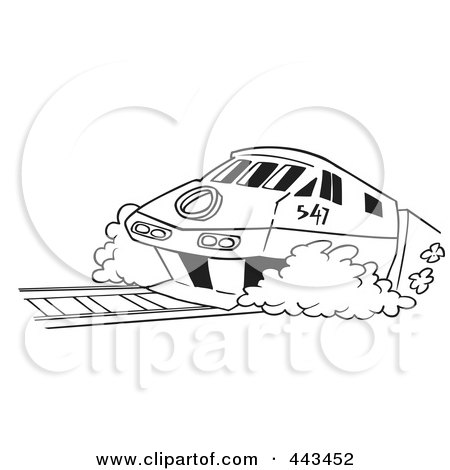 Royalty-Free (RF) Clip Art Illustration of a Cartoon Black And White Outline Design Of A Diesel Tram by toonaday