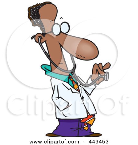 Royalty-Free (RF) Clip Art Illustration of a Cartoon Black Male Doctor Holding Out A Stethoscope by toonaday