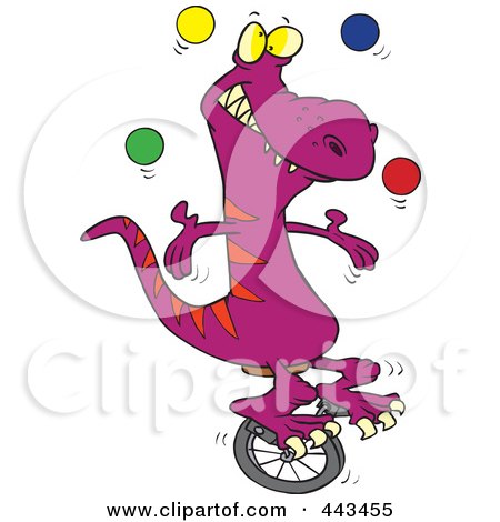 Royalty-Free (RF) Clip Art Illustration of a Cartoon Dinosaur Juggling On A Unicycle by toonaday