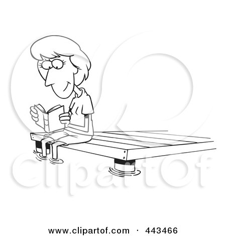 Royalty-Free (RF) Clip Art Illustration of a Cartoon Black And White Outline Design Of A Woman Reading A Book On A Dock by toonaday