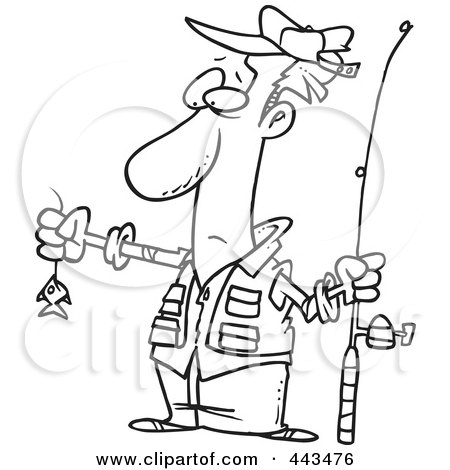 Royalty-Free (RF) Clip Art Illustration of a Cartoon Black And White Outline Design Of A Disappointed Fisherman With A Tiny Fish by toonaday