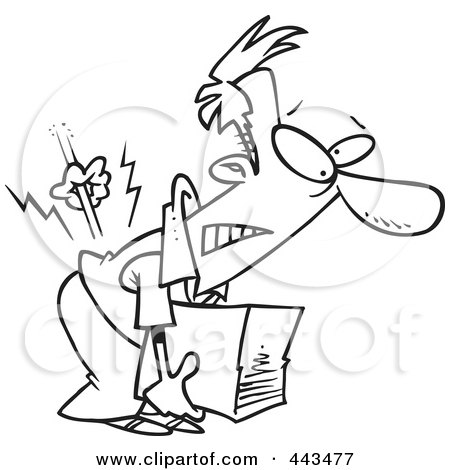 Royalty-Free (RF) Clip Art Illustration of a Cartoon Black And White Outline Design Of A Man Hurting His Back While Picking Up A Box by toonaday
