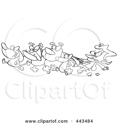 Royalty-Free (RF) Clip Art Illustration of a Cartoon Black And White Outline Design Of A Female Dog Walker by toonaday