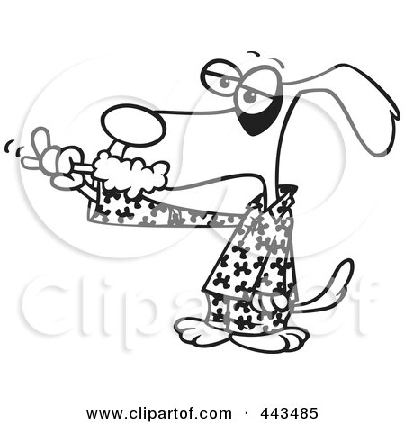 Royalty-Free (RF) Clip Art Illustration of a Cartoon Black And White Outline Design Of A Dog Brushing His Teeth by toonaday
