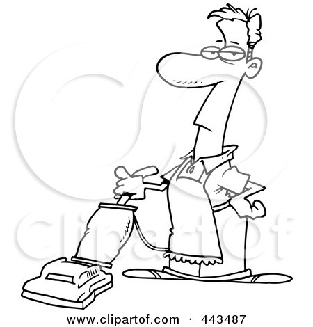 Royalty-Free (RF) Clip Art Illustration of a Cartoon Black And White Outline Design Of A Man Vacuuming by toonaday