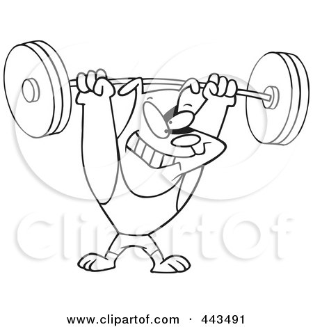 Royalty-Free (RF) Clip Art Illustration of a Cartoon Black And White Outline Design Of A Dog Lifting Weights by toonaday