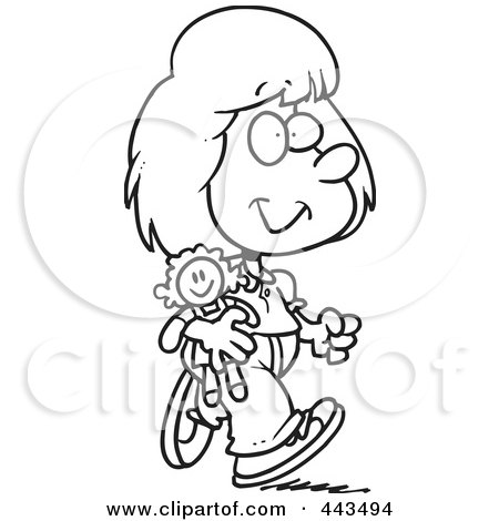 Royalty-Free (RF) Clip Art Illustration of a Cartoon Black And White Outline Design Of A Girl Walking With Her Doll by toonaday