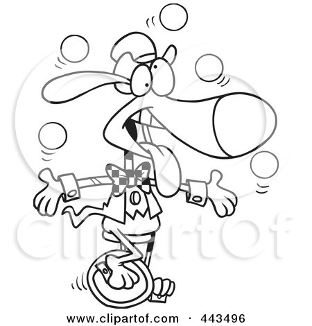 Royalty-Free (RF) Clip Art Illustration of a Cartoon Black And White Outline Design Of A Dog Juggling And Unicycling by toonaday