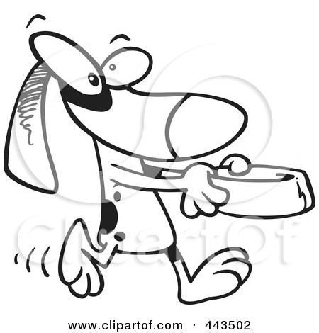 Royalty-Free (RF) Clip Art Illustration of a Cartoon Black And White Outline Design Of A Dog Carrying A Dish by toonaday