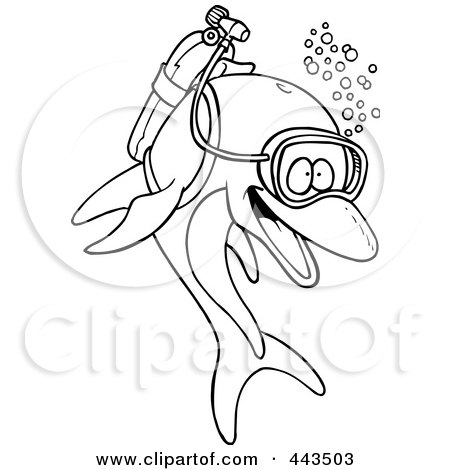 Royalty-Free (RF) Clip Art Illustration of a Cartoon Black And White Outline Design Of A Scuba Dolphin by toonaday